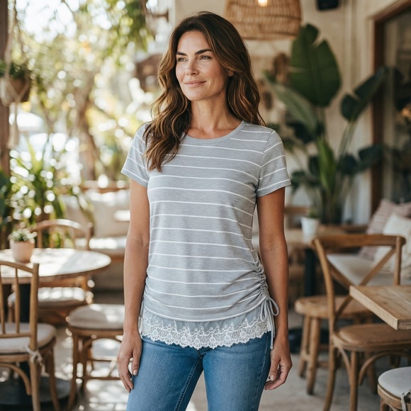 Doe & Rae Tops - Doe & Rae Boutique BOHO Tunic Top Gray Striped Ruched Lace Hem Size L NWT